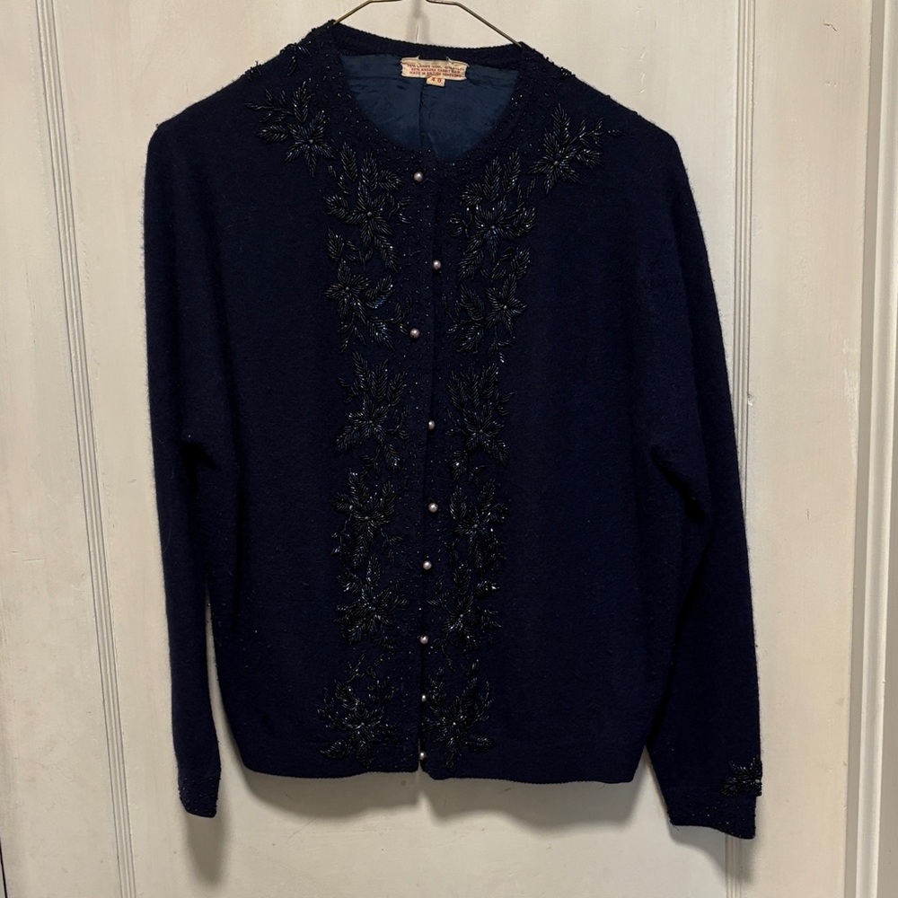 Vintage Lambs Wool & Angora Rabbit Hair Blend Beaded Navy Blue Cardigan Sweater